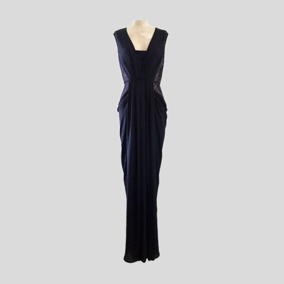 BCBG MaxAzria Navy Blue Chiffon Lace Draped Sleeveless Dress Gown - 10 - Picture 1 of 7